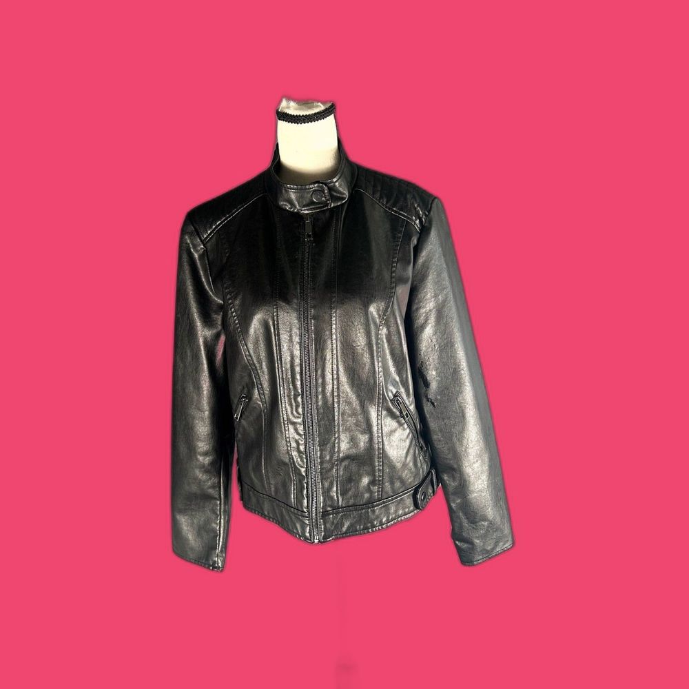 Giacca womans faux leather jacket black zipper front  NWOT size LP